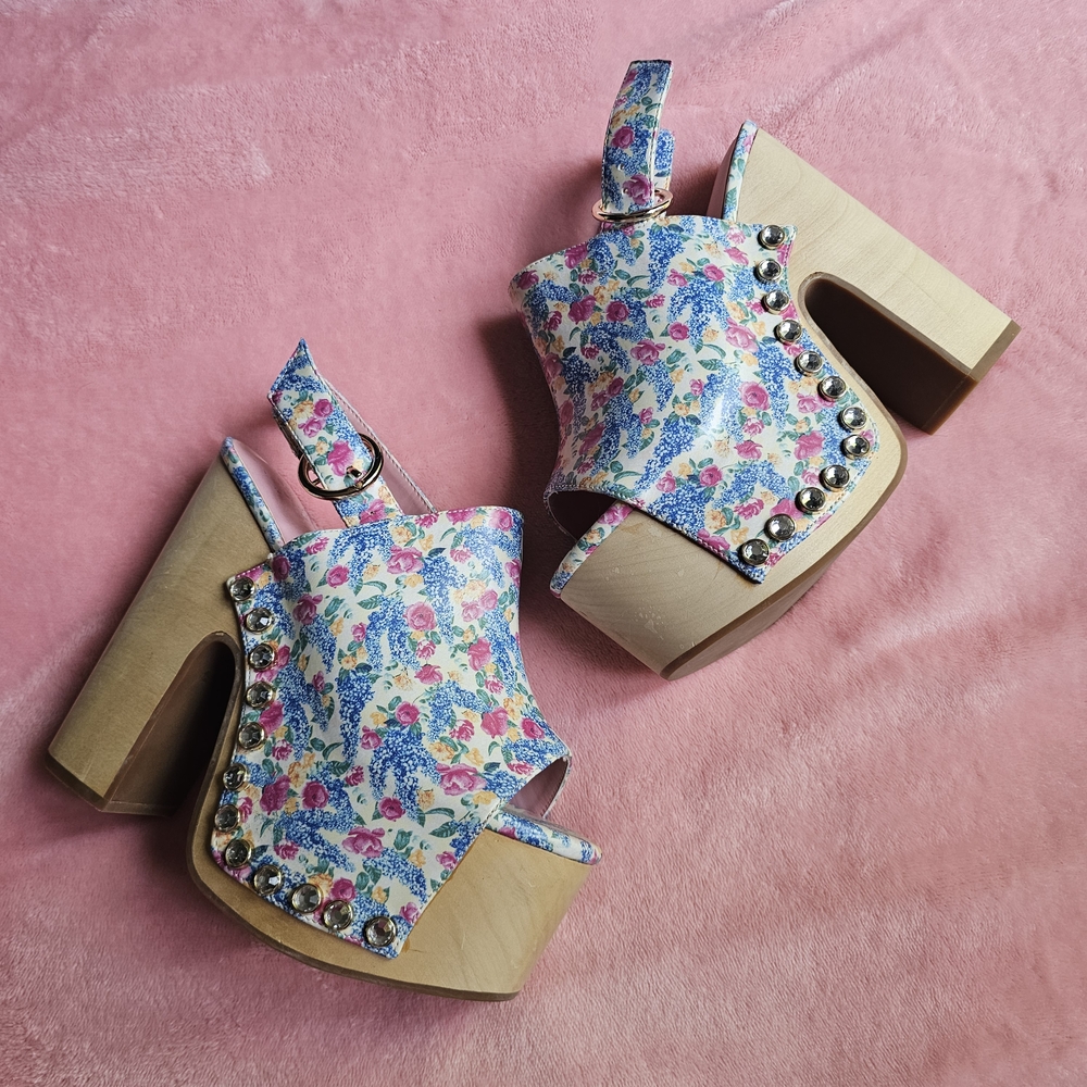 Sugar Thrillz Floral Rhinestone Studded Wooden Platform Heels Bratz Style Y2K